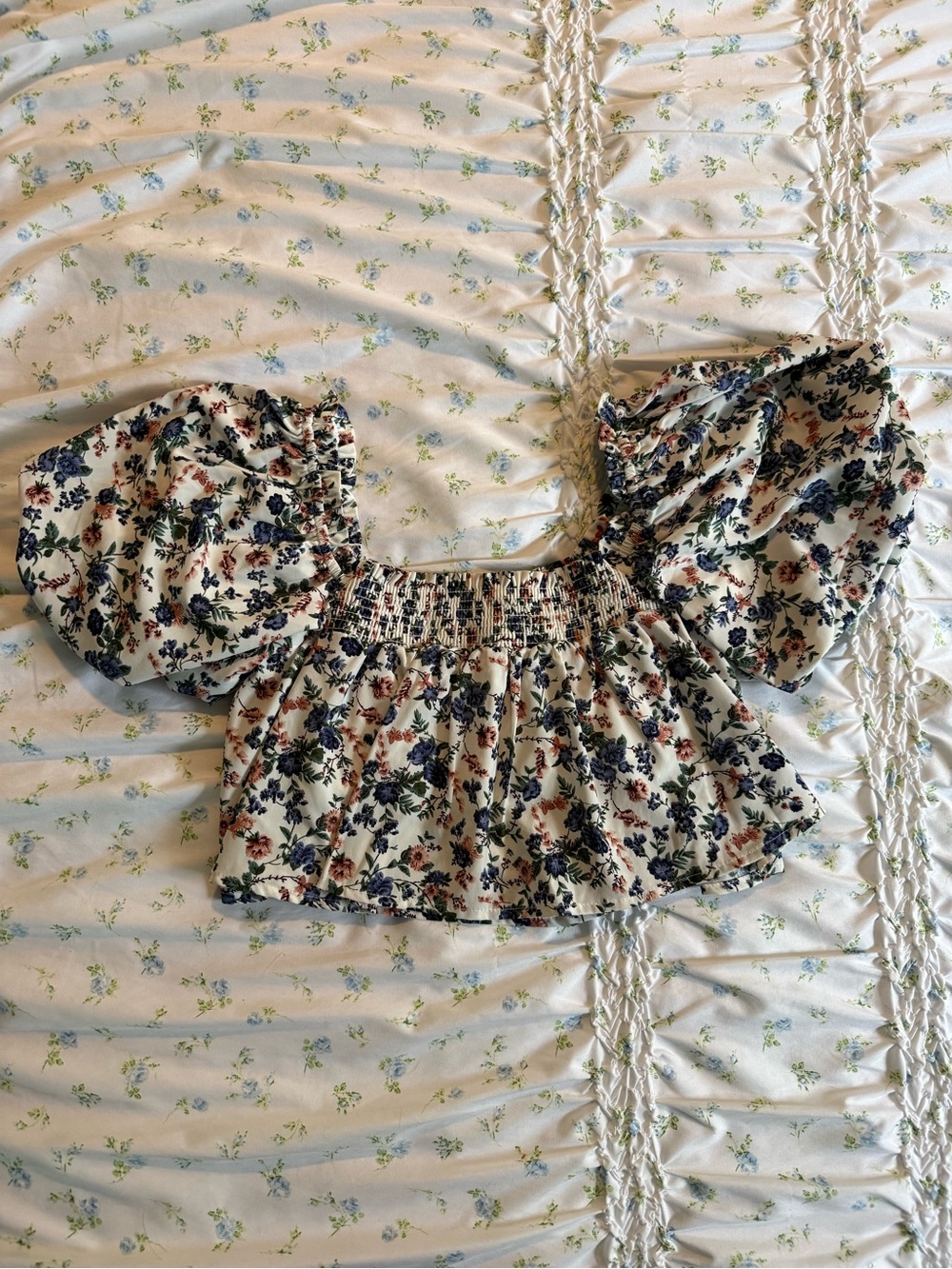 Altar'd State Smocked Peplum Crop Top with Puff Sleeves Cream Floral CottageCore